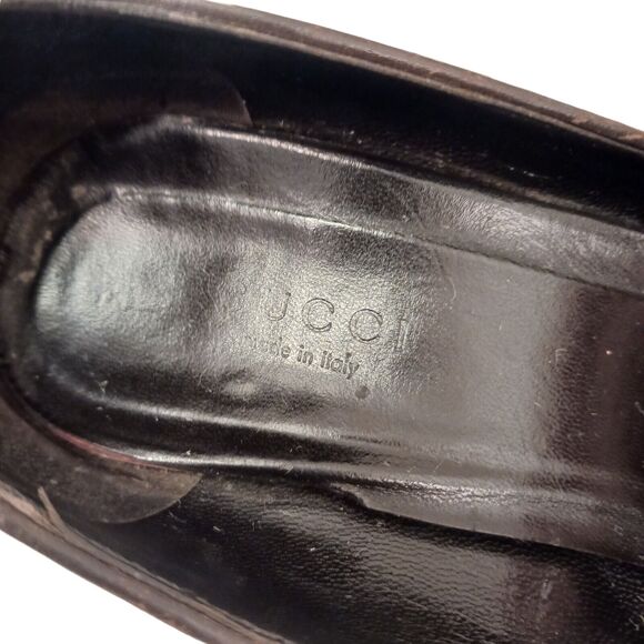 Rare Gucci GG Pumps Heels Sz 6 B BRASS GOLD BOWS Crystal Coated Canvas Classic - Picture 9 of 16